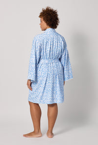A lady wearing plus Something Blue Banded Collar Stretch Jersey Robe