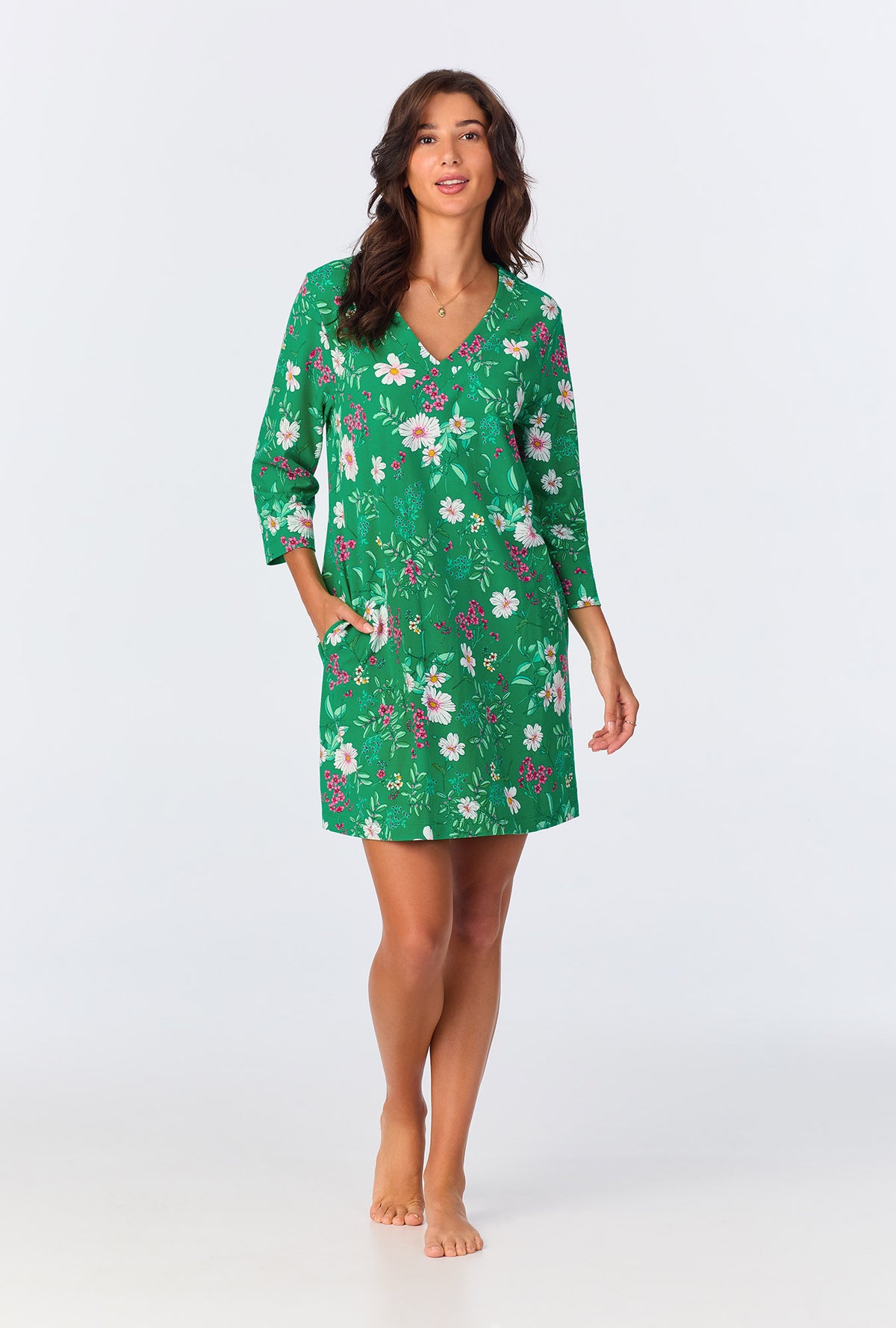 A lady wearing Forever Floral 3/4 Sleeve Stretch Jersey Sleepshirt