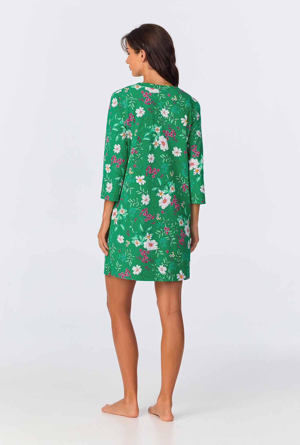 A lady wearing Forever Floral 3/4 Sleeve Stretch Jersey Sleepshirt