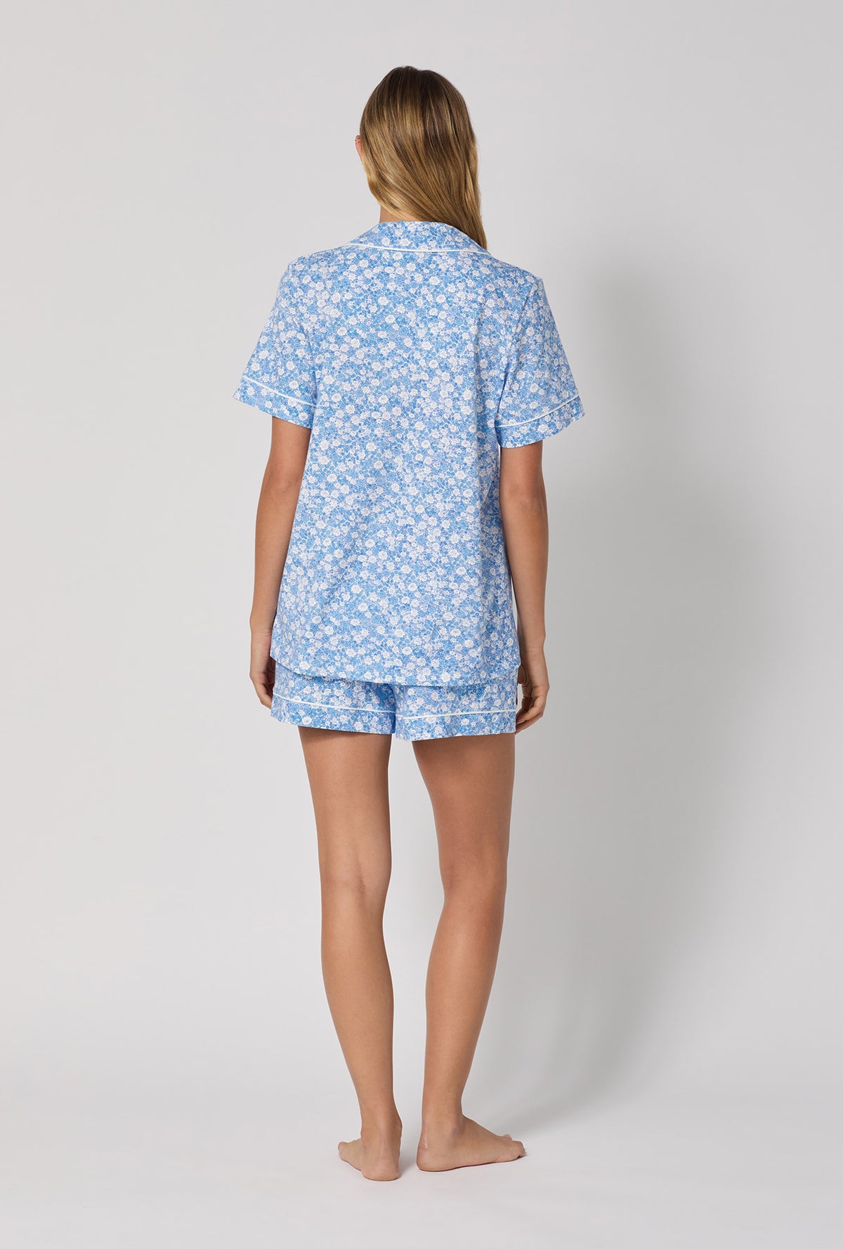 A lady wearing Something Blue Short Sleeve Classic Shorty Stretch Jersey Pj Set