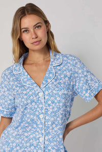 A lady wearing Something Blue Short Sleeve Classic Shorty Stretch Jersey Pj Set