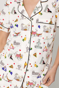 A closeup of A lady wearing White Short Sleeve Classic Shorty Stretch Jersey Pj Set