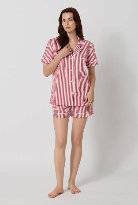 A lady wearing Red Signature Stripe Short Sleeve Classic Woven Cotton Sateen Shorty Pj Set