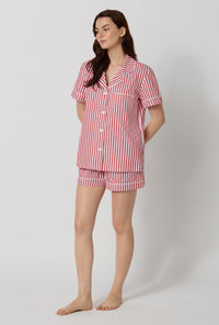 A lady wearing Red Signature Stripe Short Sleeve Classic Woven Cotton Sateen Shorty Pj Set looking side
