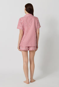 Red Signature Stripe Short Sleeve Classic Woven Cotton Sateen Shorty Pj Set