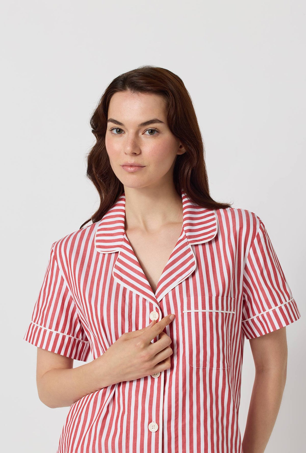 A lady wearing Red Signature Stripe Short Sleeve Classic Woven Cotton Sateen Shorty Pj Set closer look
