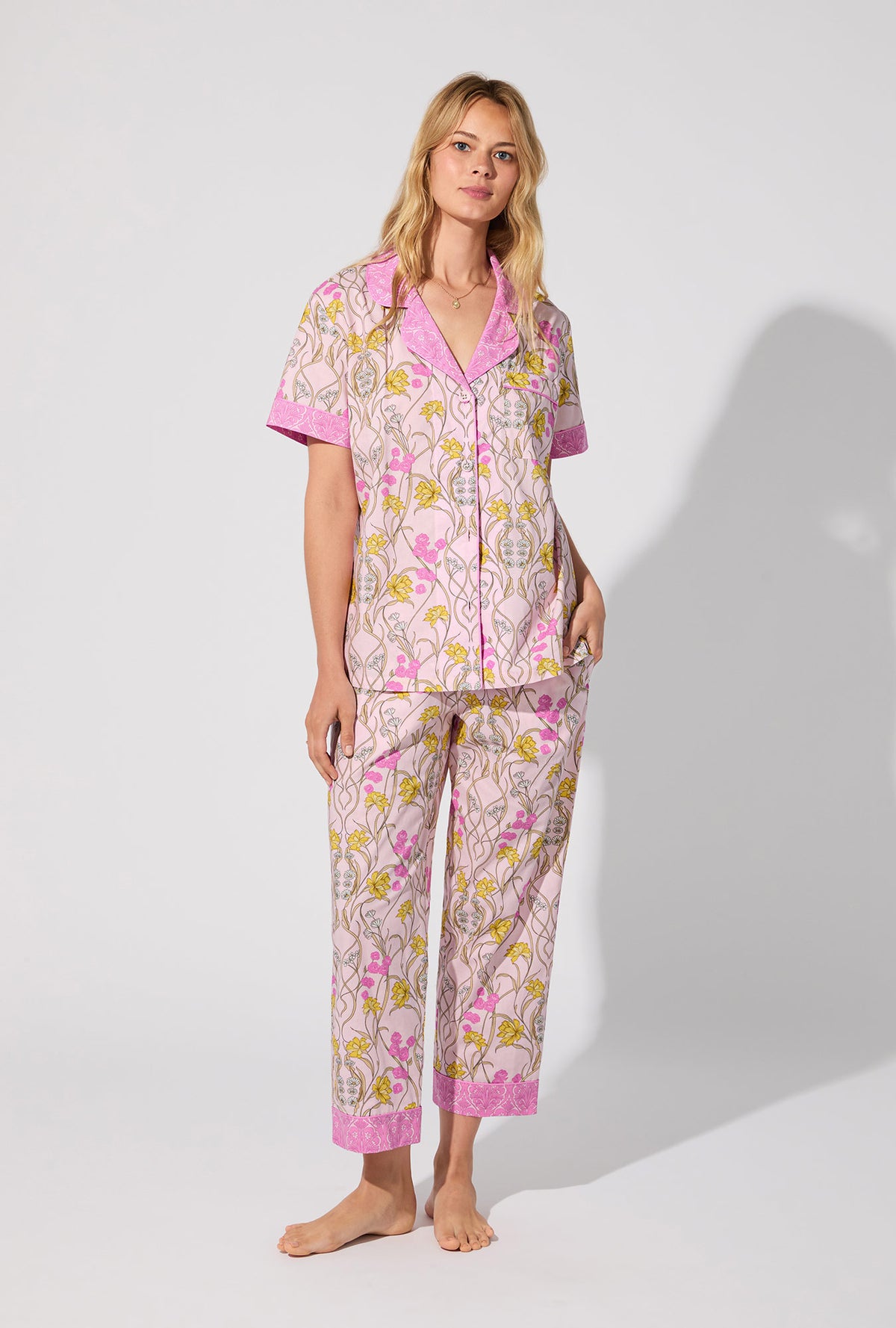 Fleur Nouveau Sleeve Classic Woven Cotton Poplin Cropped PJ Set
