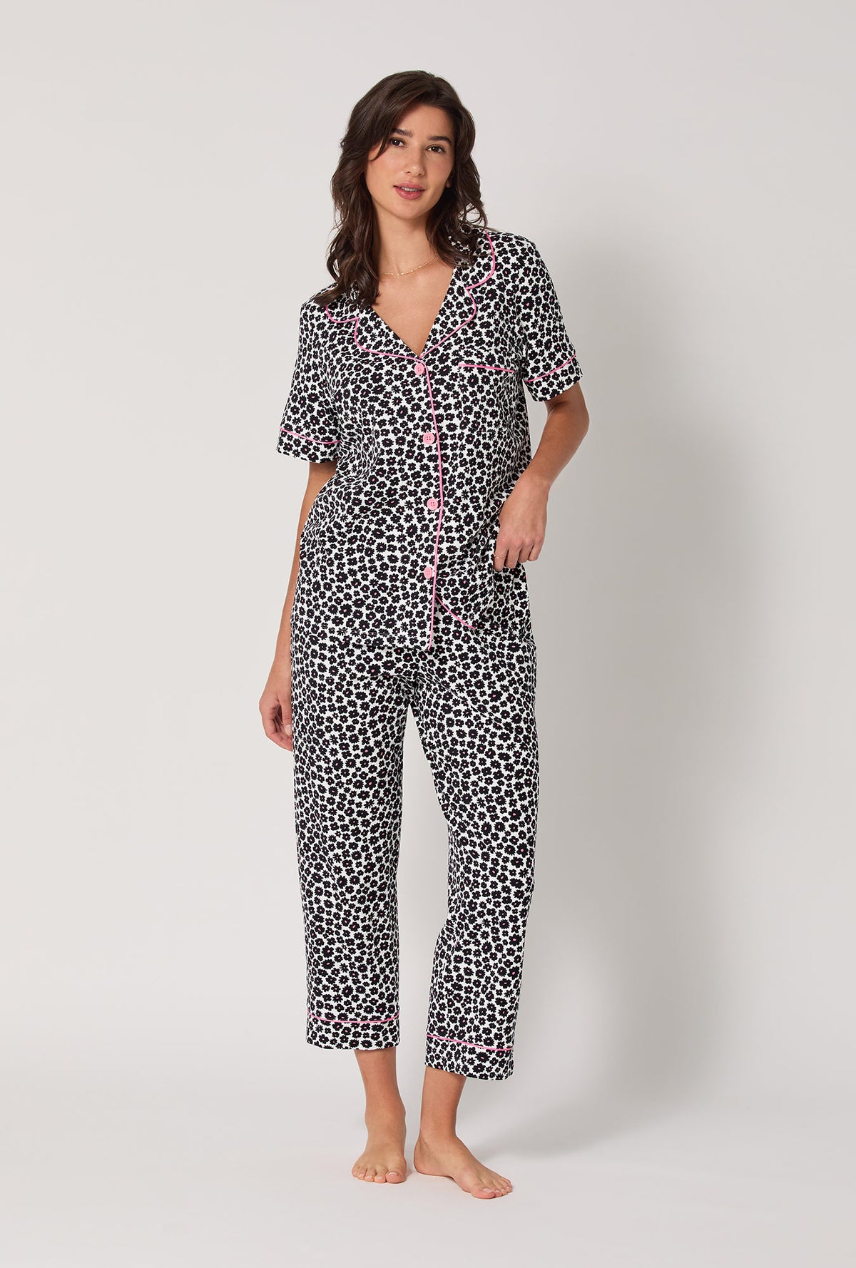 A lady wearing Viola Short Sleeve Classic Stretch Jersey Cropped Pj Set