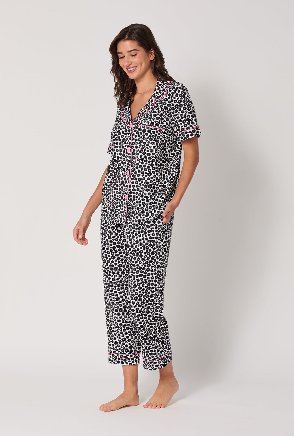 A lady wearing Viola Short Sleeve Classic Stretch Jersey Cropped Pj Set