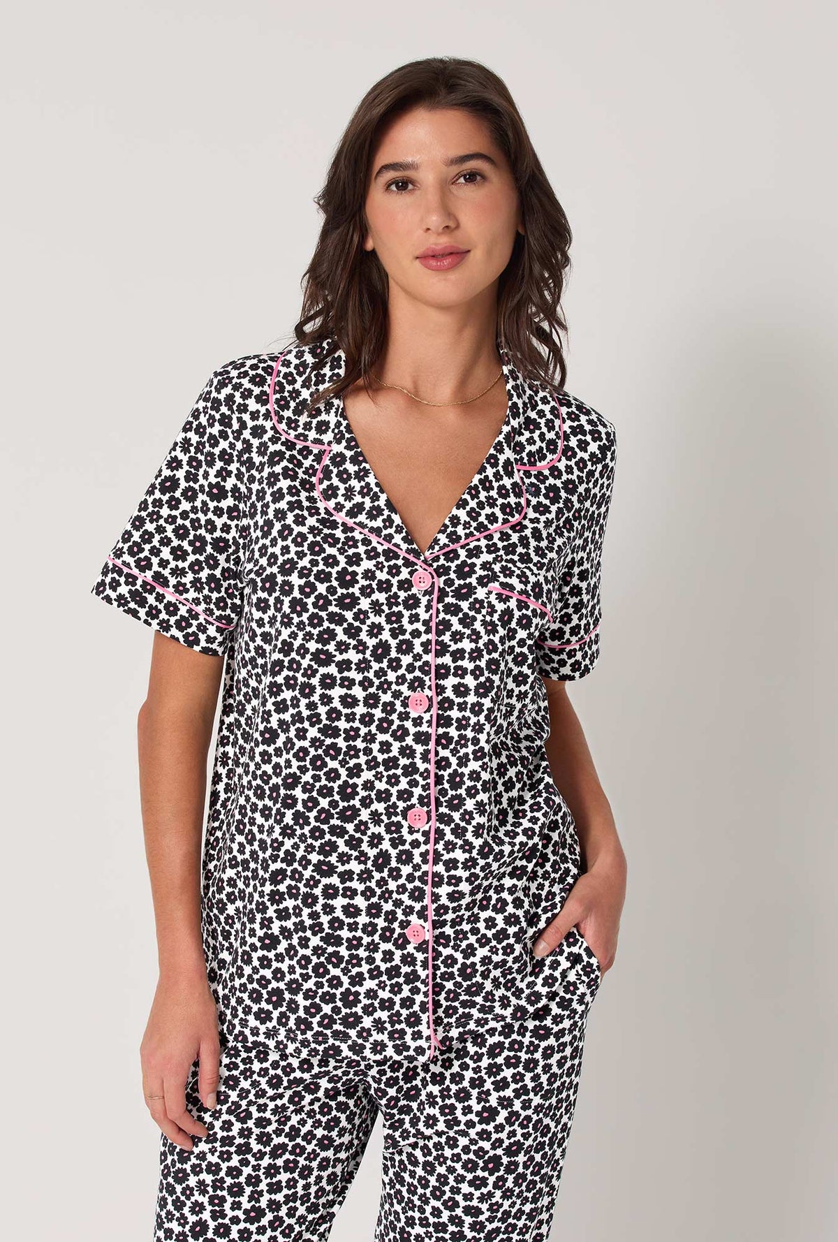 A lady wearing Viola Short Sleeve Classic Stretch Jersey Cropped Pj Set