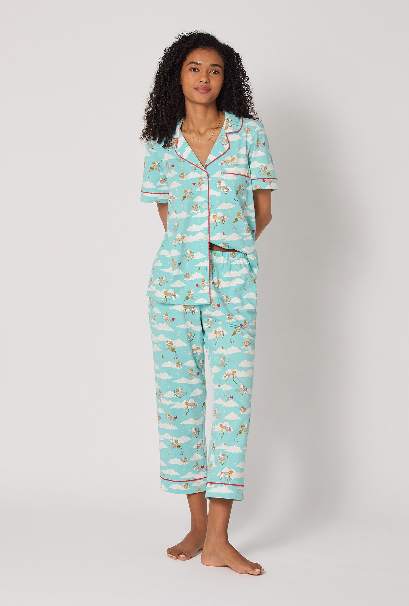A lady wearing Cheeky Cupid Short Sleeve Classic Stretch Jersey Cropped Pj Set