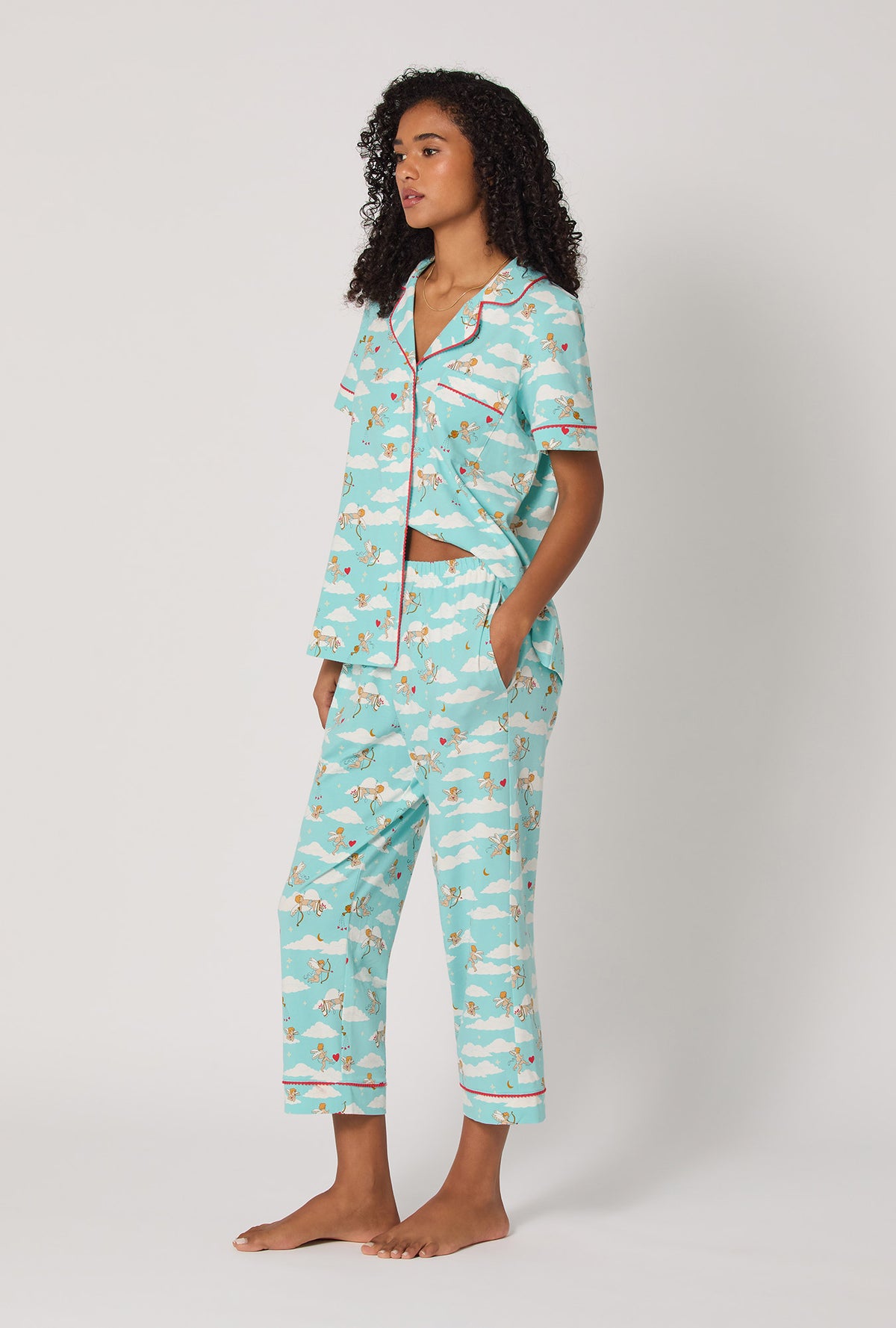 A lady wearing Cheeky Cupid Short Sleeve Classic Stretch Jersey Cropped Pj Set