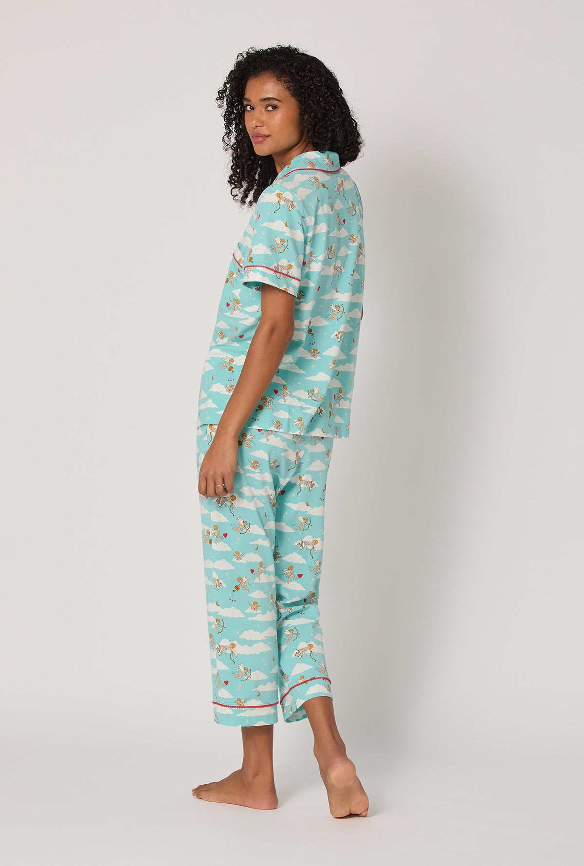 A lady wearing Cheeky Cupid Short Sleeve Classic Stretch Jersey Cropped Pj Set