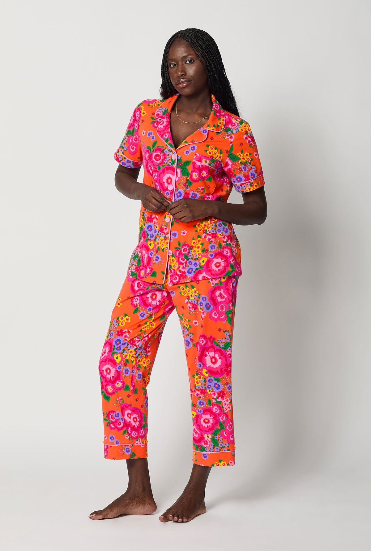A lady wearing Orange Short Sleeve Classic Stretch Jersey Cropped Pj Set side view