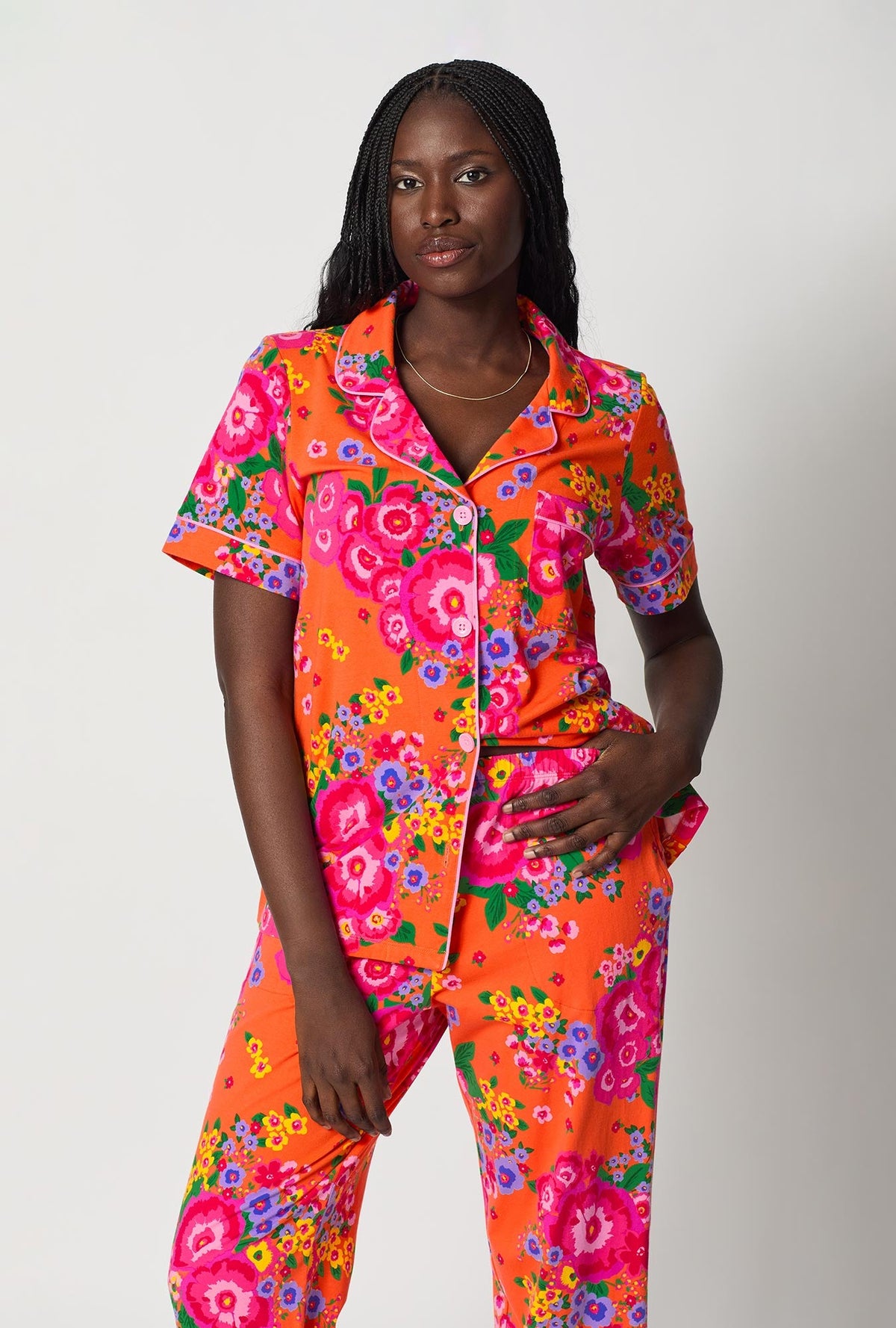 A closeup of A lady wearing Orange Short Sleeve Classic Stretch Jersey Cropped Pj Set