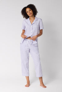 A Lady Wearing Blue Signature Stripe Short Sleeve Classic Woven Cotton Sateen Cropped Pj Set