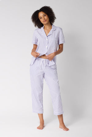 A Lady Wearing Blue Signature Stripe Short Sleeve Classic Woven Cotton Sateen Cropped Pj Set
