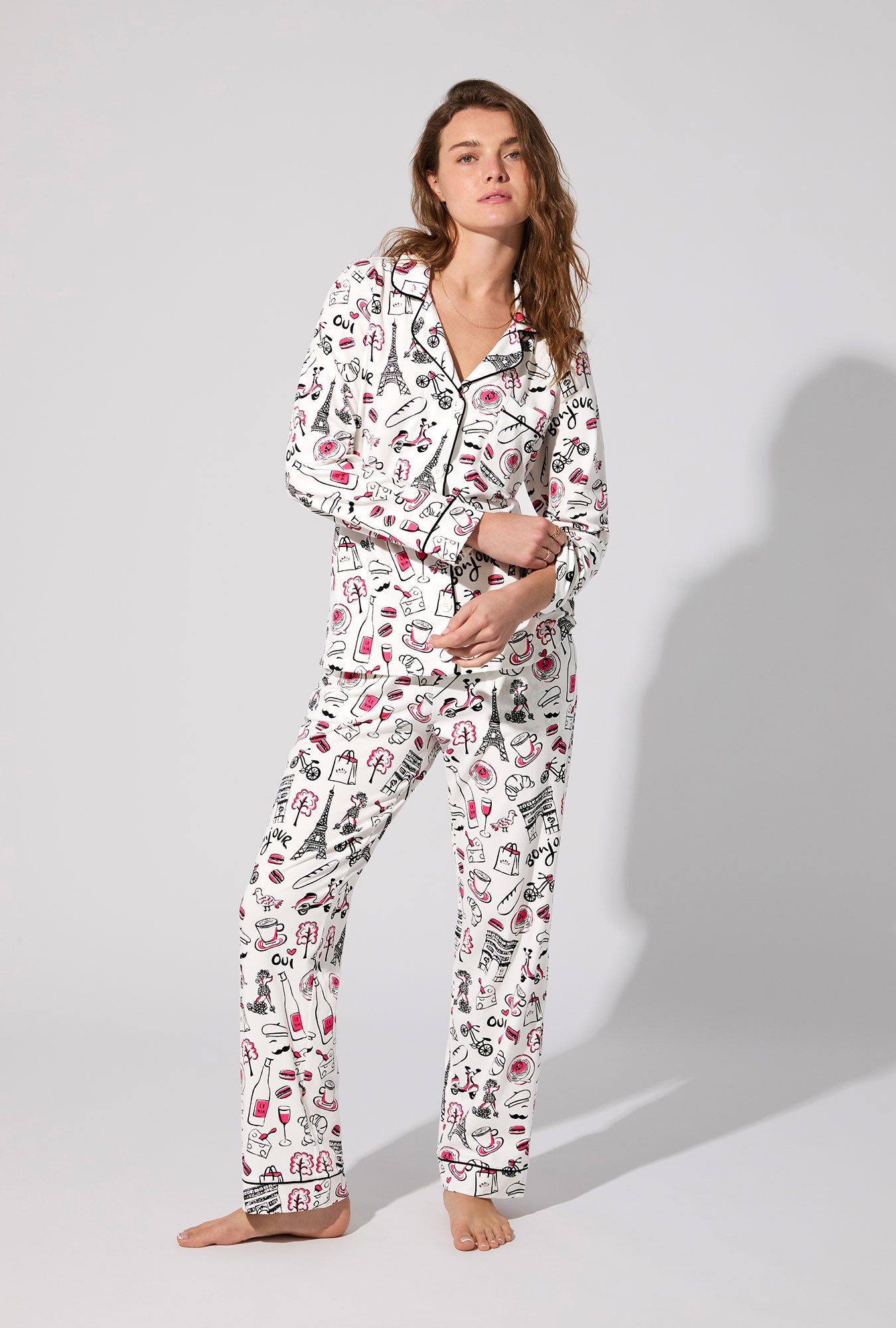 A lady wearing Bonjour Paris Long Sleeve Classic Stretch Jersey PJ Set