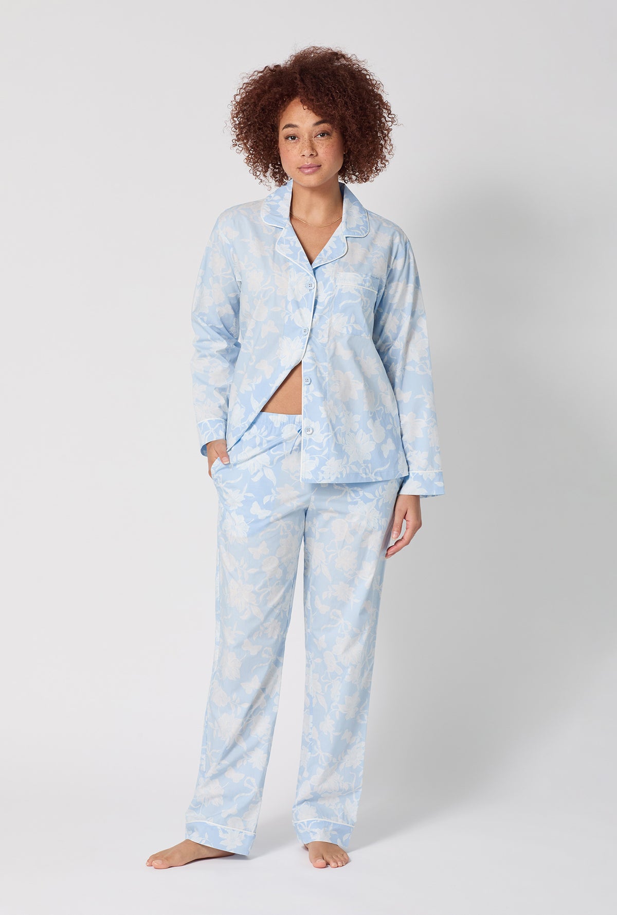 A lady wearing Blissful Bows Long Sleeve Classic Supersoft Cotton Poplin Pj Set