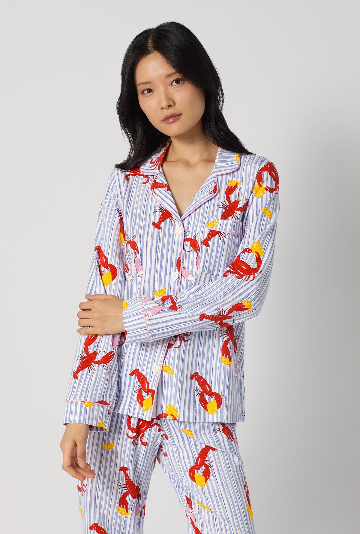 A lady wearing Coastal Feast Long Sleeve Classic Stretch Jersey Pj Set closer look
