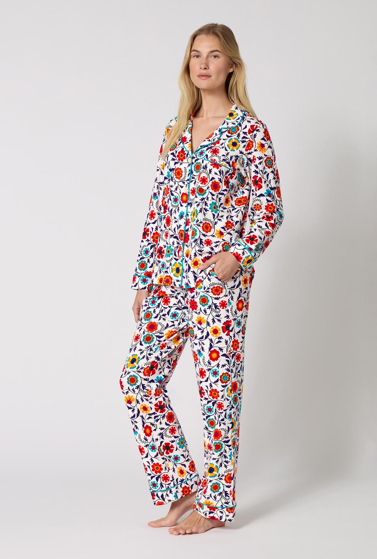 A Lady Wearing Ottoman Bloom Long Sleeve Classic Stretch Jersey Pj Set in  a side angled pose