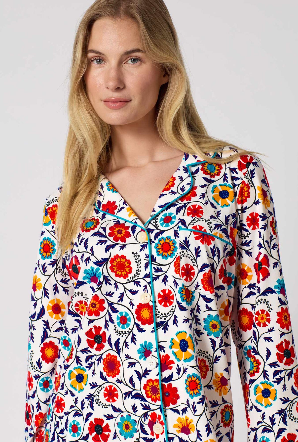 A Lady Wearing Ottoman Bloom Long Sleeve Classic Stretch Jersey Pj Set in a front close up view pose