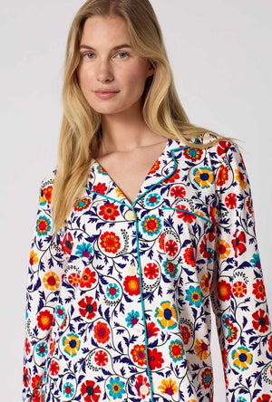 A Lady Wearing Ottoman Bloom Long Sleeve Classic Stretch Jersey Pj Set in a front close up view pose