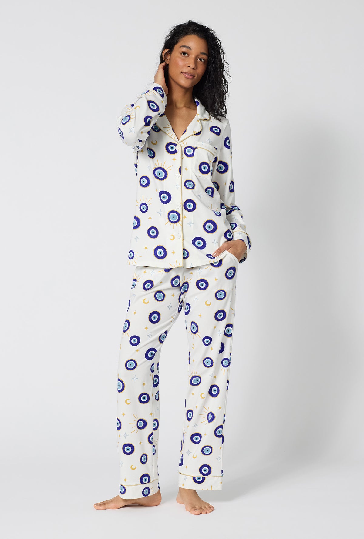 A Women Wearing Eyeconic Long Sleeve Classic Stretch Jersey Pj Set