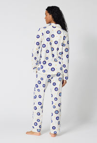 A Women Wearing Eyeconic Long Sleeve Classic Stretch Jersey Pj Set in a back view pose