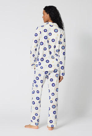 A Women Wearing Eyeconic Long Sleeve Classic Stretch Jersey Pj Set in a back view pose