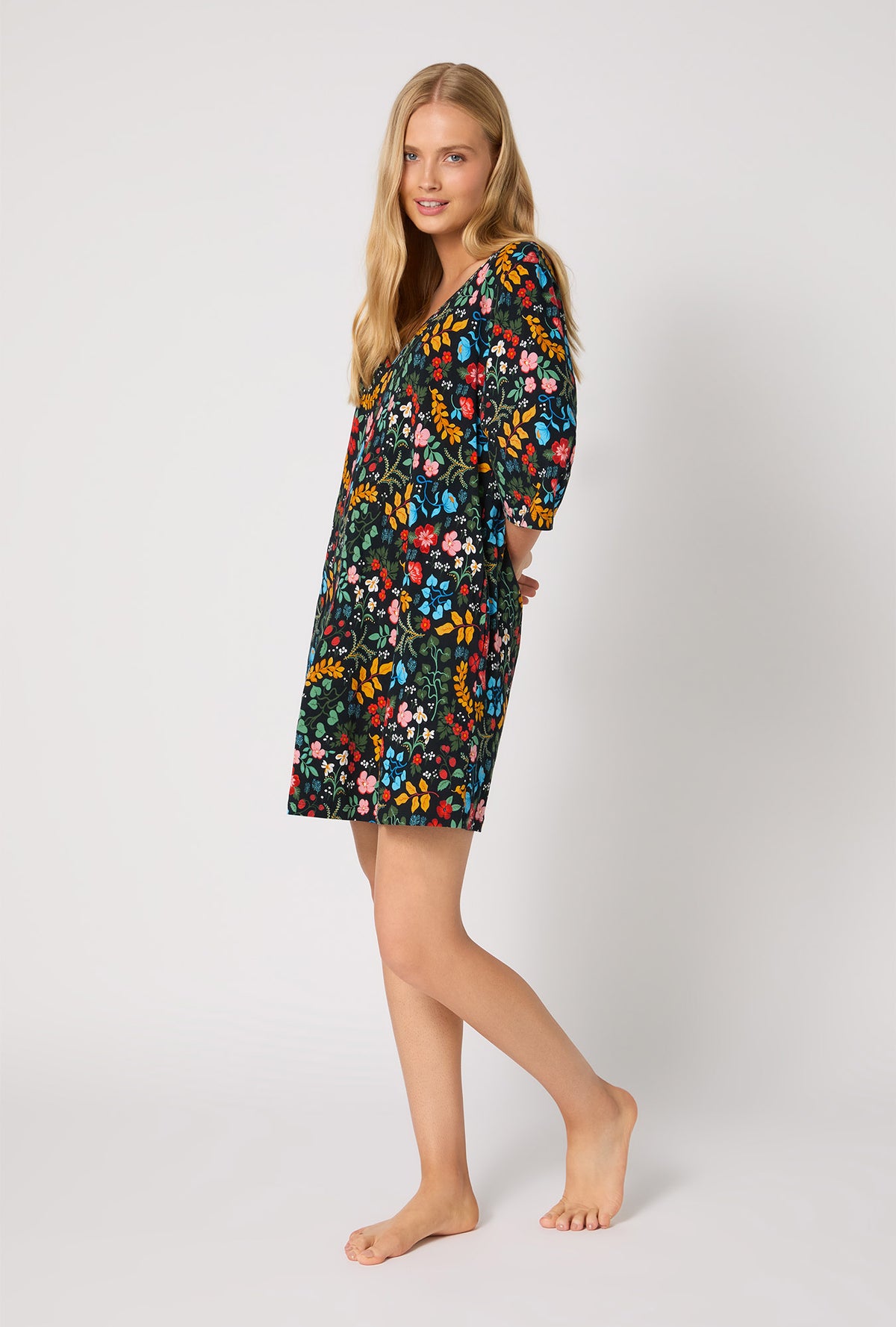A lady wearing Winter Blooms Stretch Jersey Sleep Dress