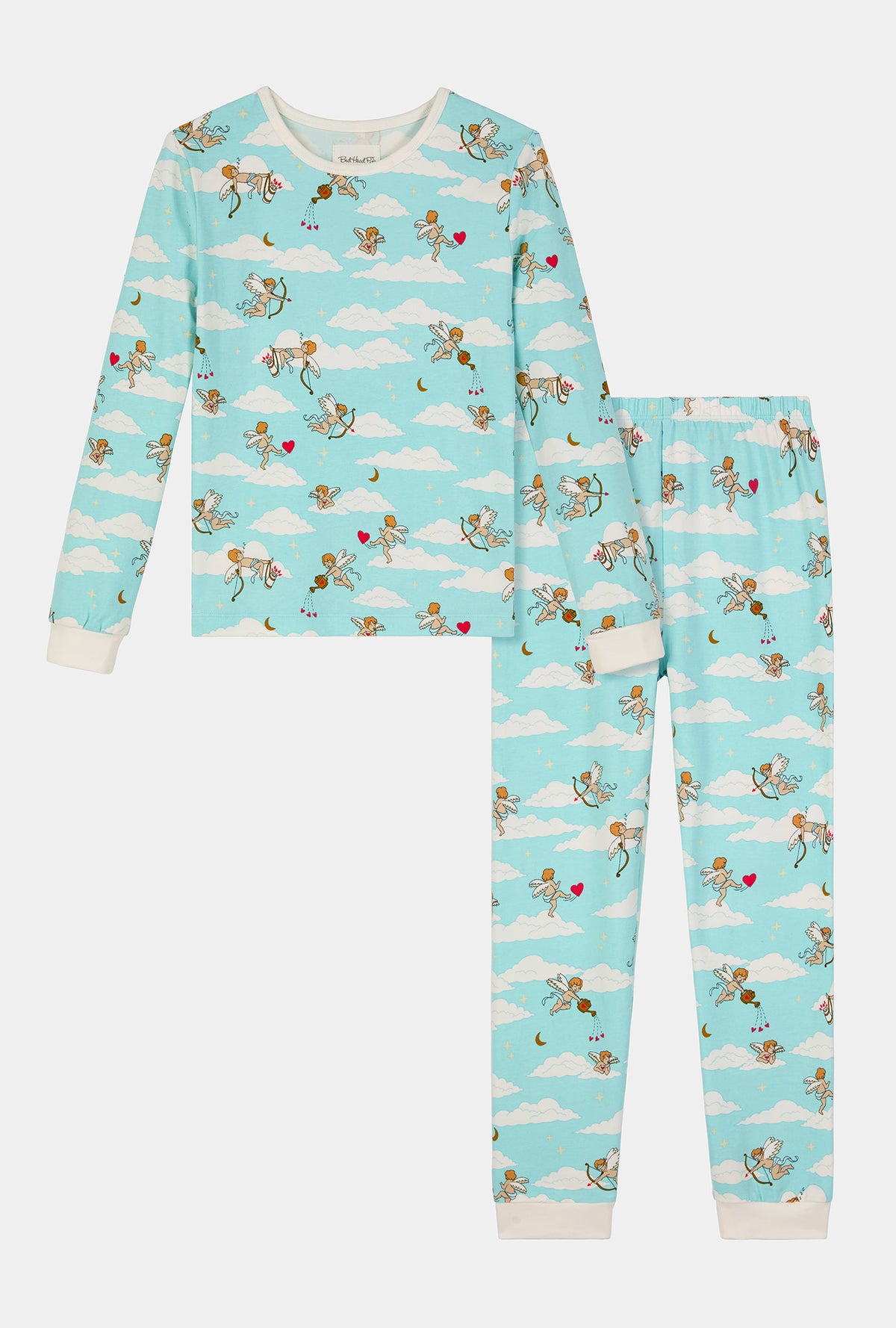 A girl wearing Cheeky Cupid Long Sleeve Stretch Jersey Kids Pj Set