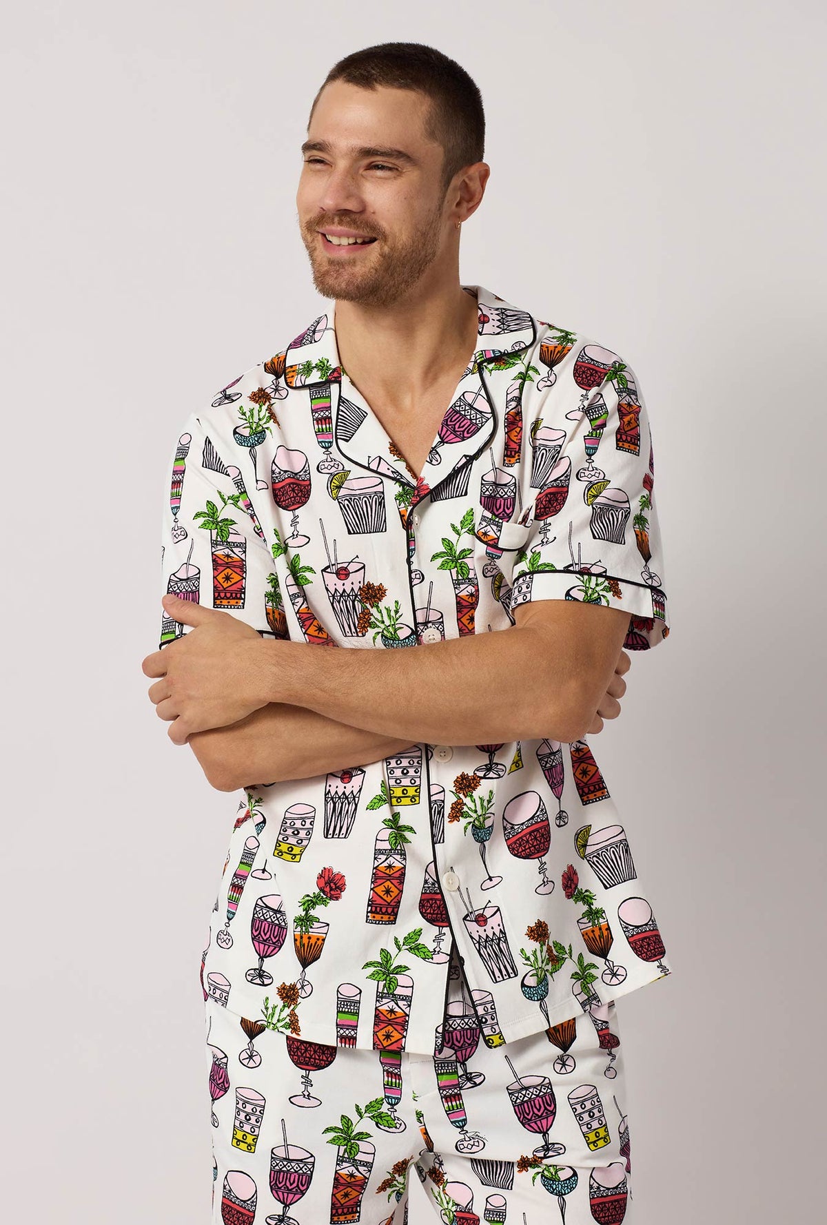 A man hands clasping pose wearing  White Men's Short Sleeve Classic Stretch Jersey Short Pj Set front view