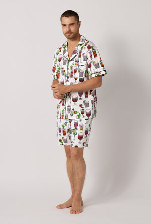 A man wearing  White Men's Short Sleeve Classic Stretch Jersey Short Pj Set side view