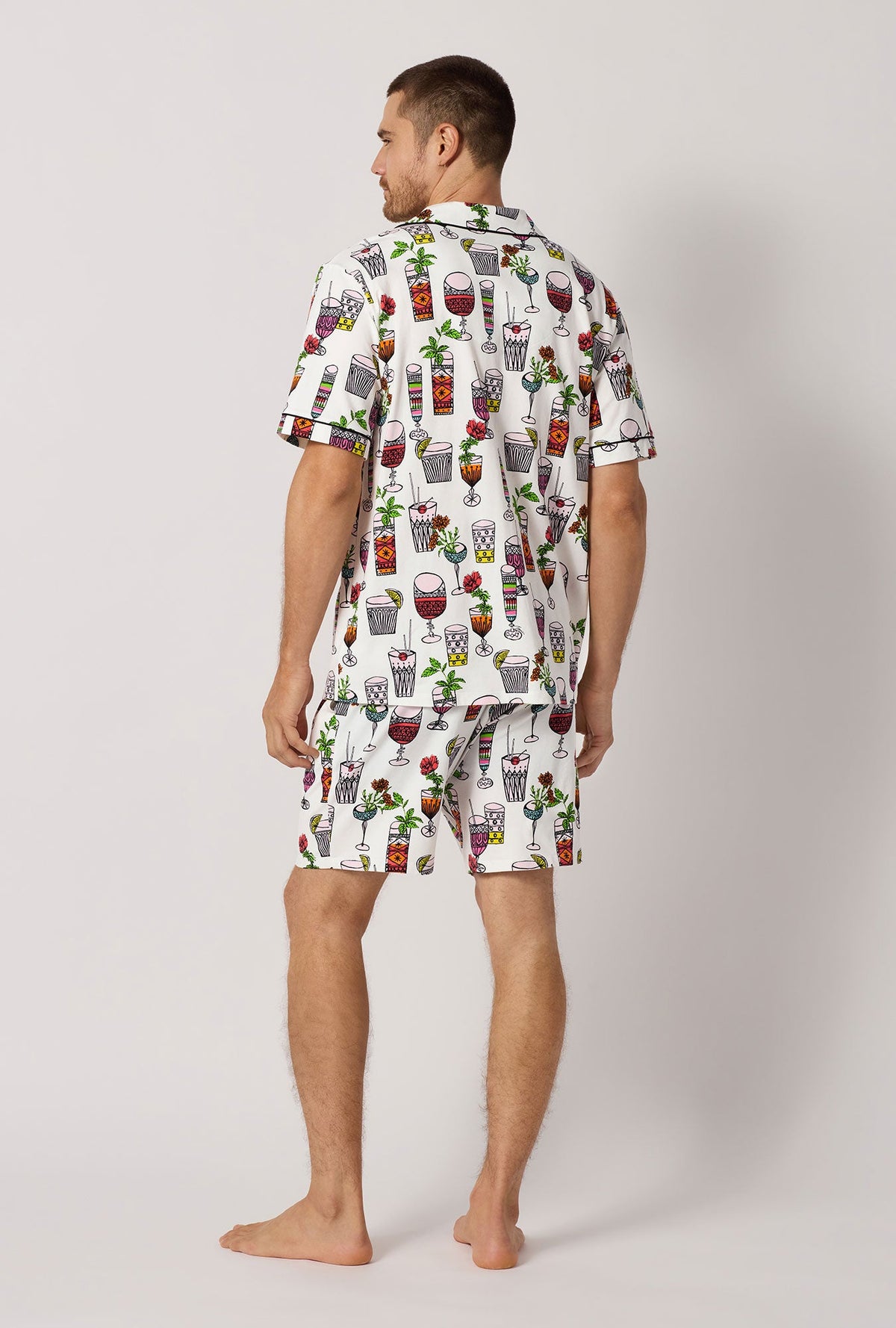 A man wearing  White Men's Short Sleeve Classic Stretch Jersey Short Pj Set back view
