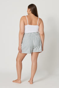 A lady wearing plus size Peppermint Stripe Woven Portuguese Flannel Boxer Short back view