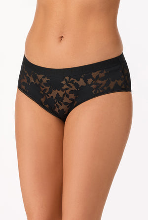 A lady wearing Black Stretch Lace Hipster Underwear