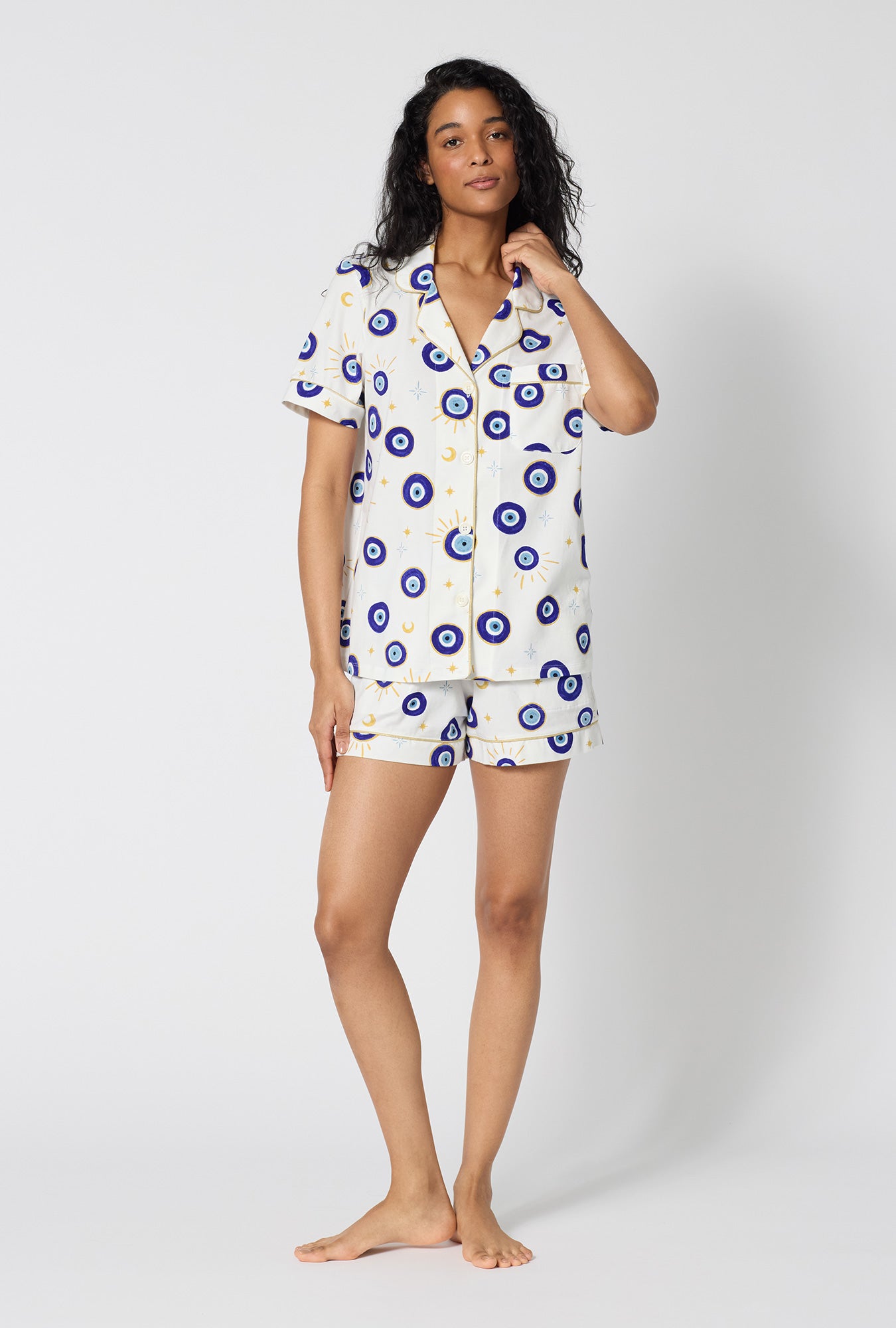 A Lady Wearing Eyeconic Short Sleeve Classic Shorty Stretch Jersey Pj Set