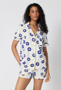 A Lady Wearing Eyeconic Short Sleeve Classic Shorty Stretch Jersey Pj Set in a close up view pose