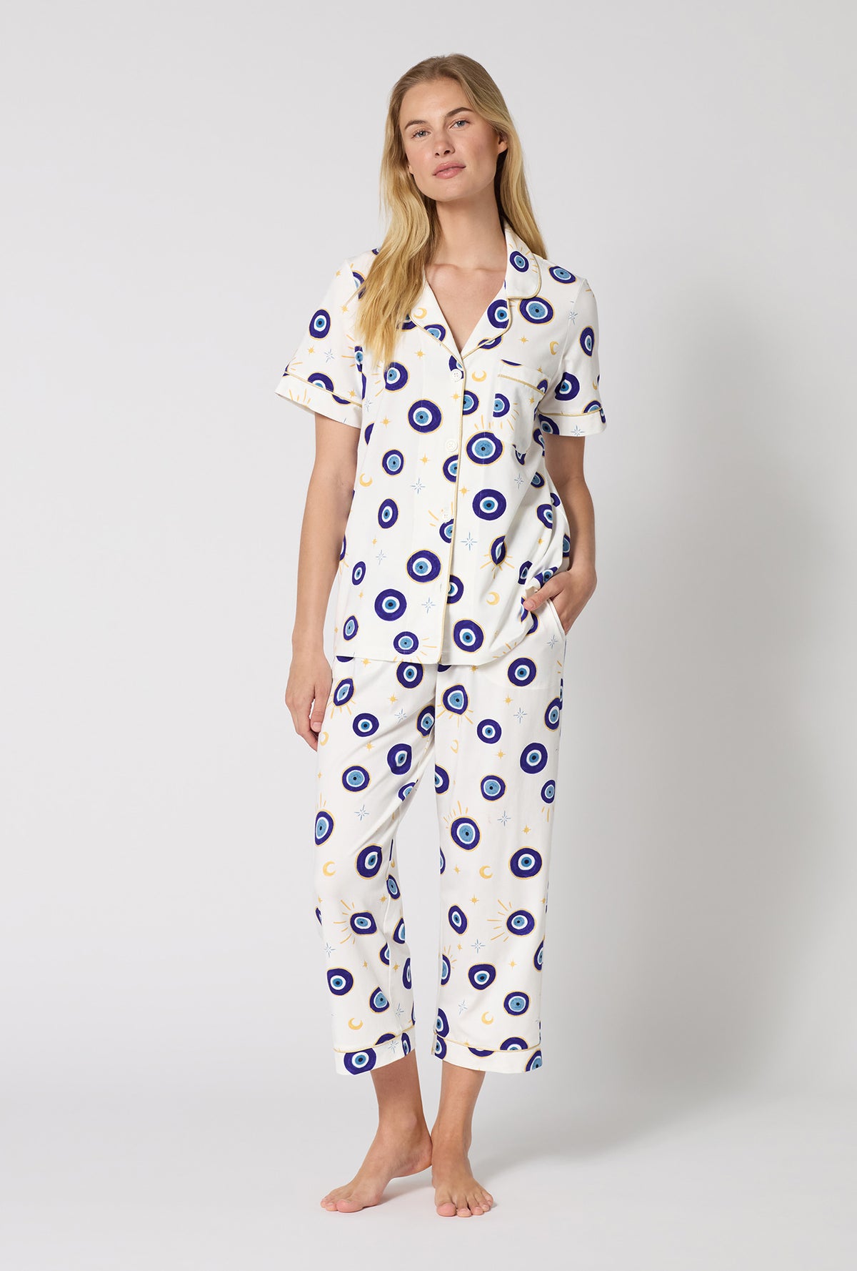 A Lady Wearing Eyeconic Short Sleeve Classic Stretch Jersey Cropped Pj Set