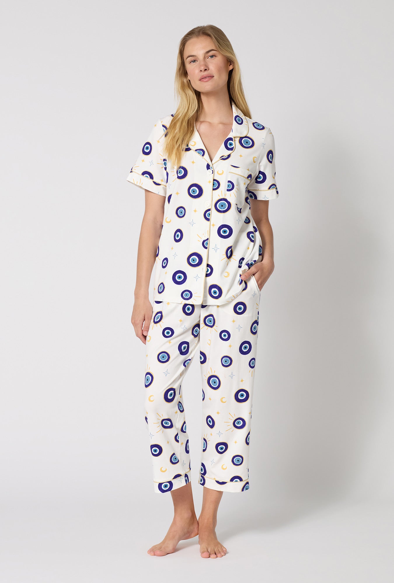 A Lady Wearing Eyeconic Short Sleeve Classic Stretch Jersey Cropped Pj Set