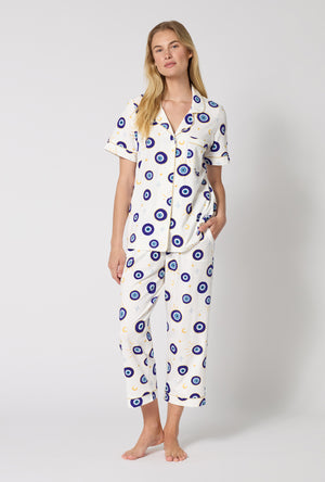 A Lady Wearing Eyeconic Short Sleeve Classic Stretch Jersey Cropped Pj Set
