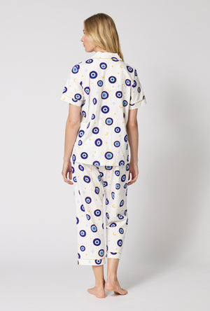 A Lady Wearing Eyeconic Short Sleeve Classic Stretch Jersey Cropped Pj Set in a back view pose