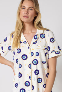 A Lady Wearing Eyeconic Short Sleeve Classic Stretch Jersey Cropped Pj Set in a close up view pose