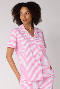 A Lady Wearing Pink Signature Stripe Short Sleeve Classic Woven Cotton Sateen Cropped Pj Set in a front close up view pose
