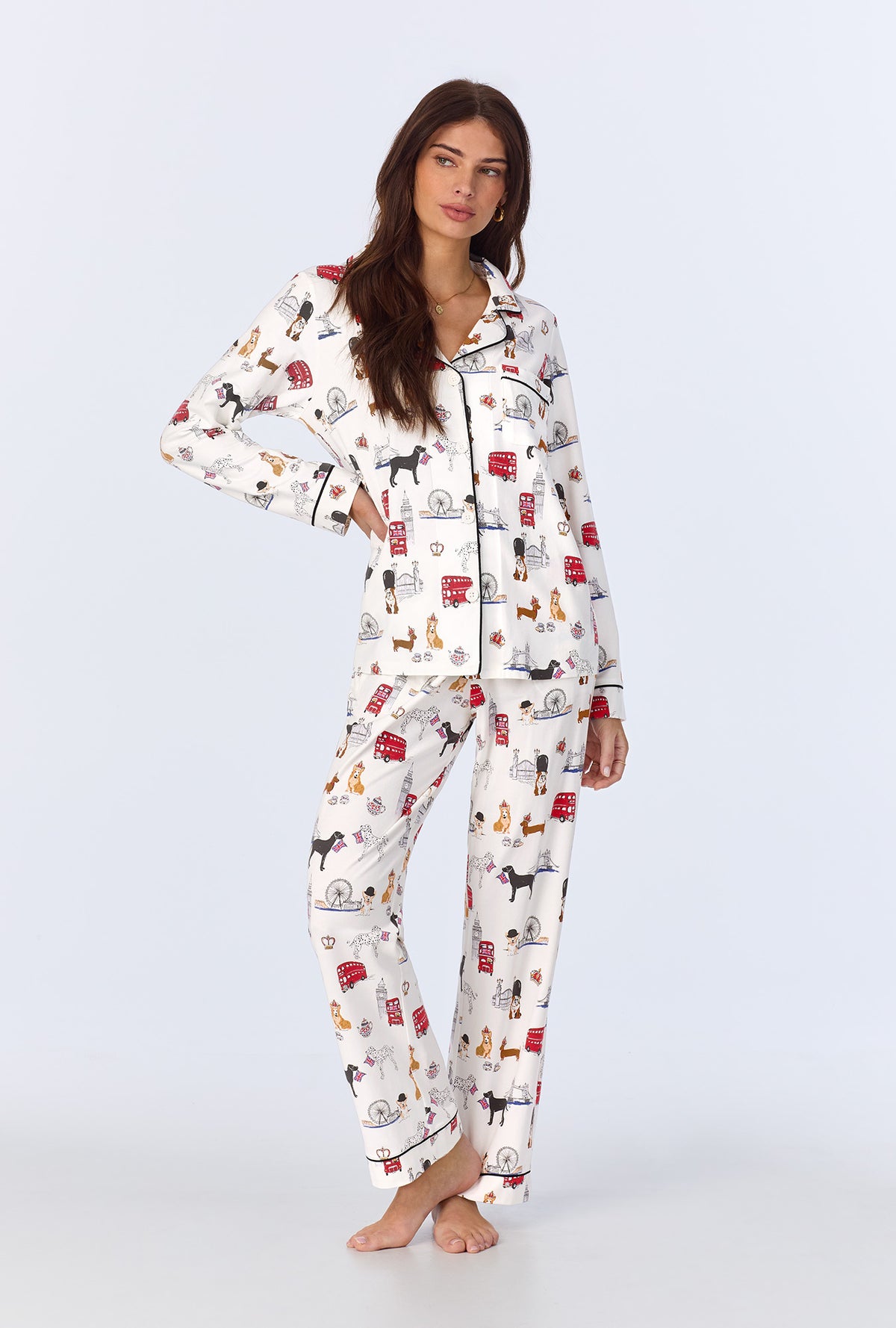 A lady wearing Loyal Londoners Long Sleeve Classic Stretch Jersey PJ set