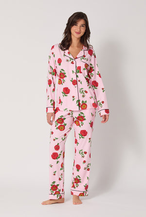 A lady wearing Falling Blooms Long Sleeve Classic Stretch Jersey Pj Set