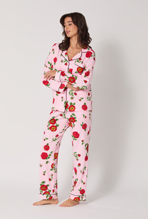 A lady wearing Falling Blooms Long Sleeve Classic Stretch Jersey Pj Set