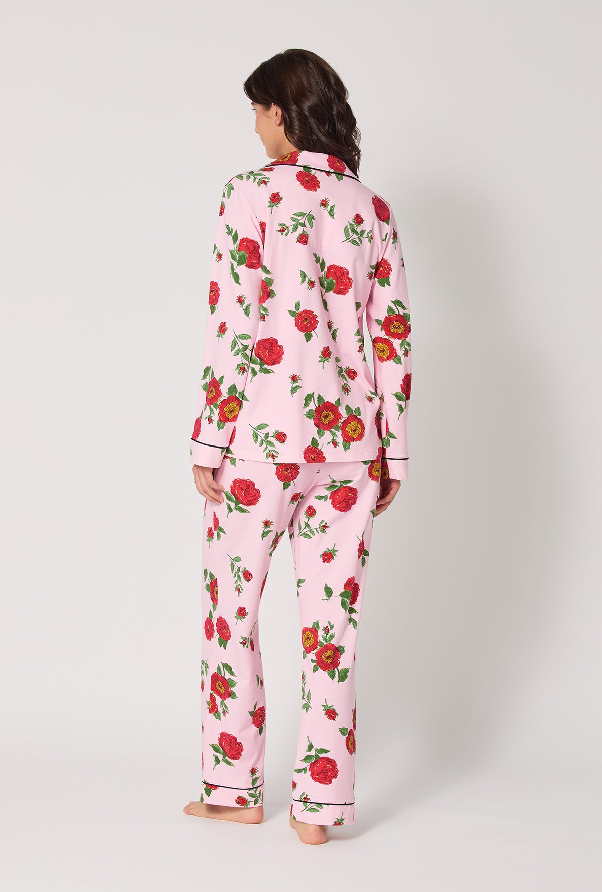 A lady wearing Falling Blooms Long Sleeve Classic Stretch Jersey Pj Set
