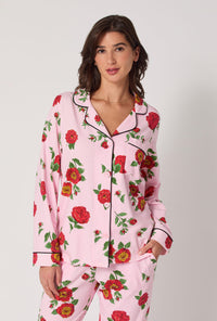 A lady wearing Falling Blooms Long Sleeve Classic Stretch Jersey Pj Set